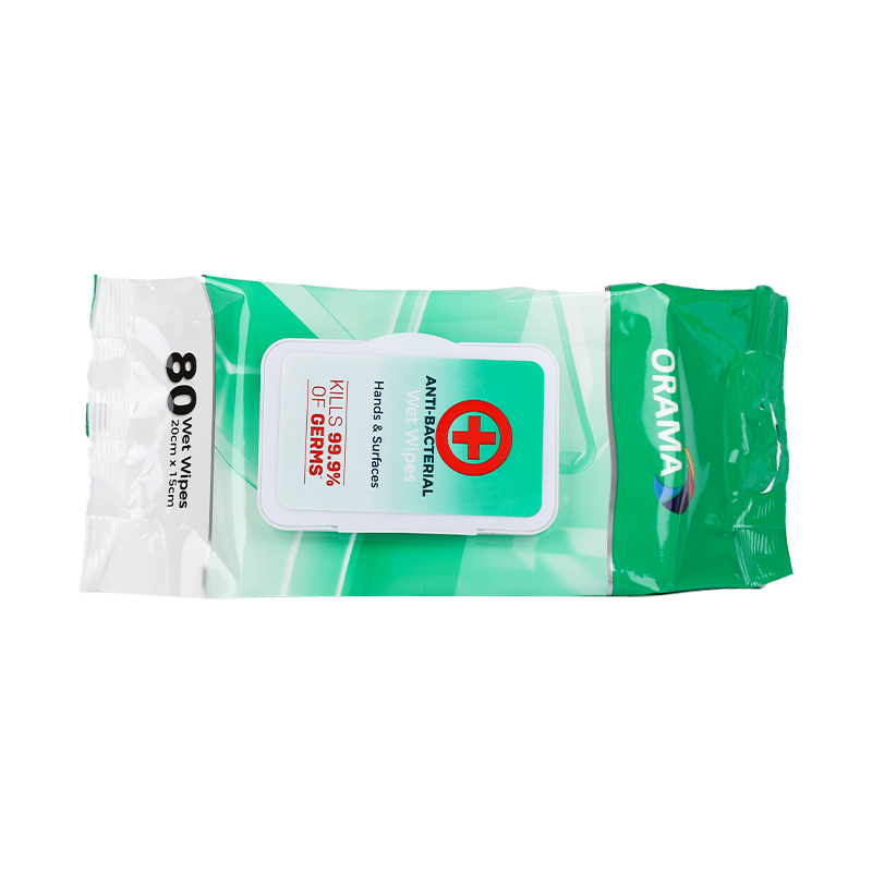 OEM wipes glanadh dromchla frith-baictéarach 80pcs i bpacáiste le clúdach díghalrúcháin grád tí mharaíonn 99.9% de frídíní saor ó alcól